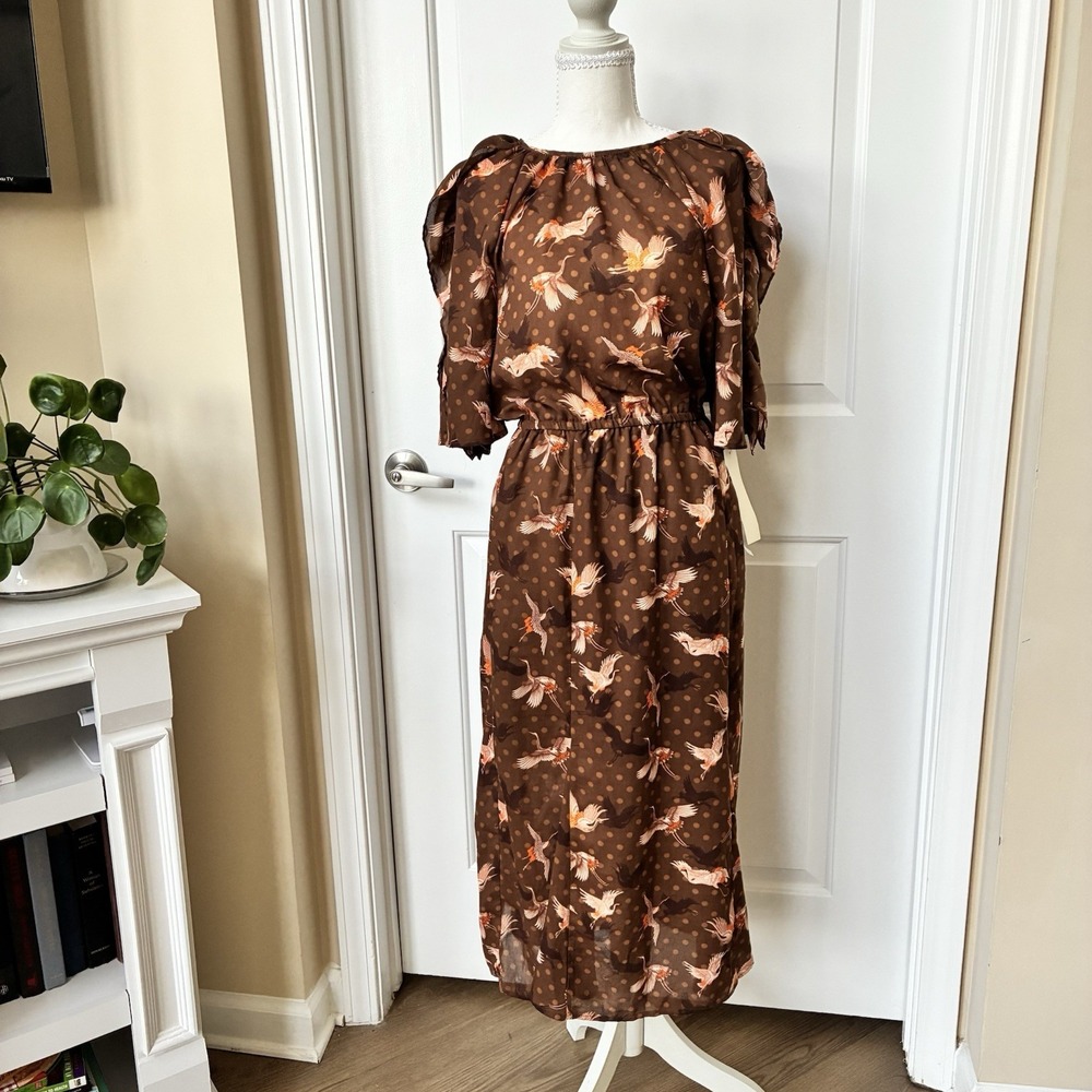 Happy X Nature by Kate Hudson Brown Crane Bird Polka Dot Hippie Midi Dress Sz S